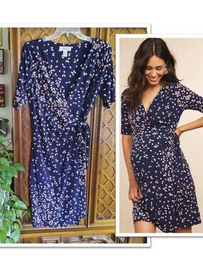 MOTHERHOOD MATERNITY Floral Tie- Waist Surplice Maternity Dress - Navy, Size S